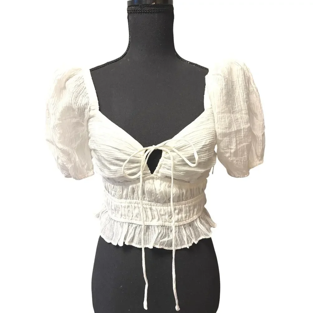 ASTR The Label White Smocked Puff Sleeve Crop Top XS Romantic Cottagecore 🌼